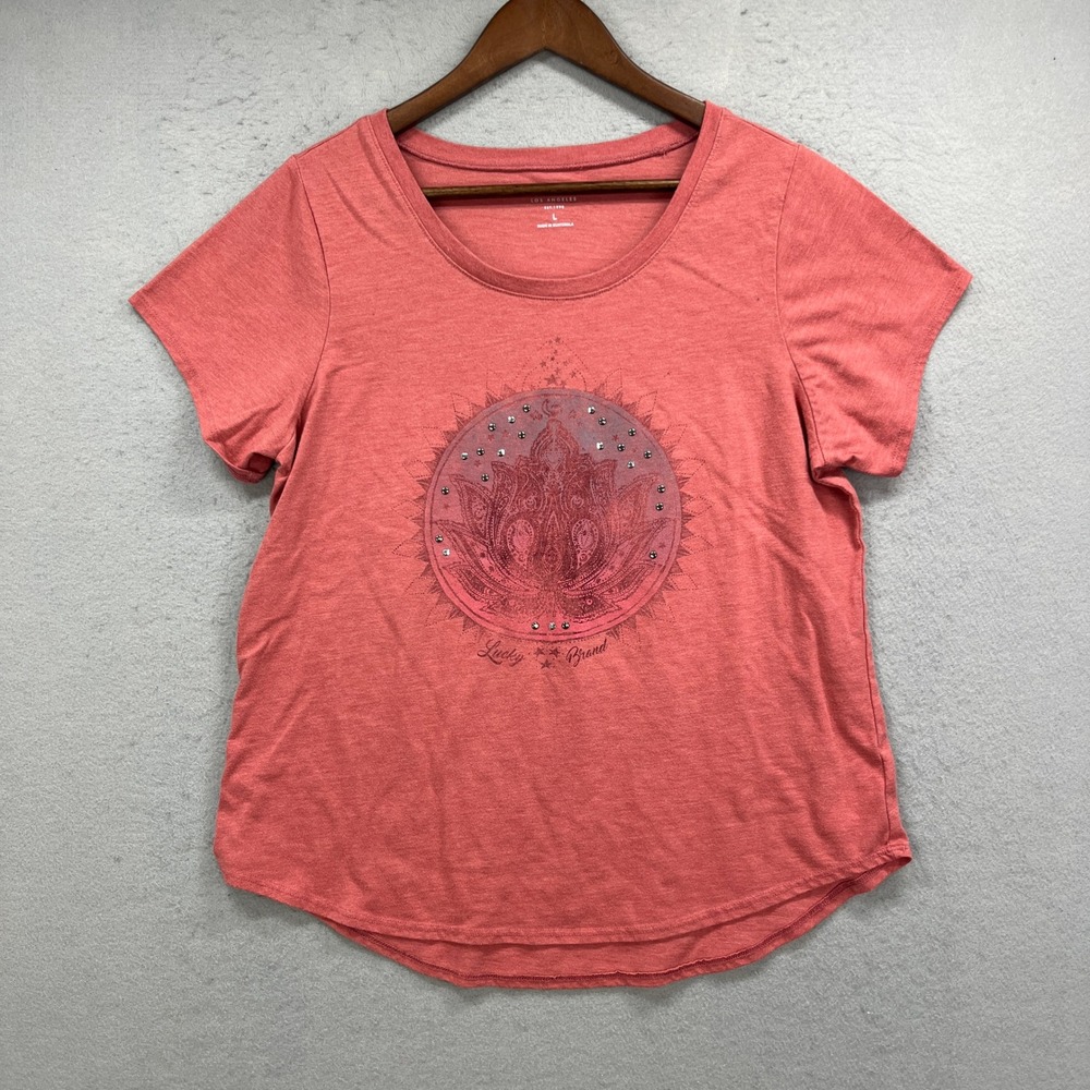 Lucky Brand Graphic Tee Womens Large Pink Lotus Studded Short Sleeve Boho Chic